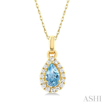 5x3 MM Pear Shape Aquamarine and 1/20 Ctw Single Cut Diamond Halo Semi-Precious Pendant with Chain in 10K Yellow Gold